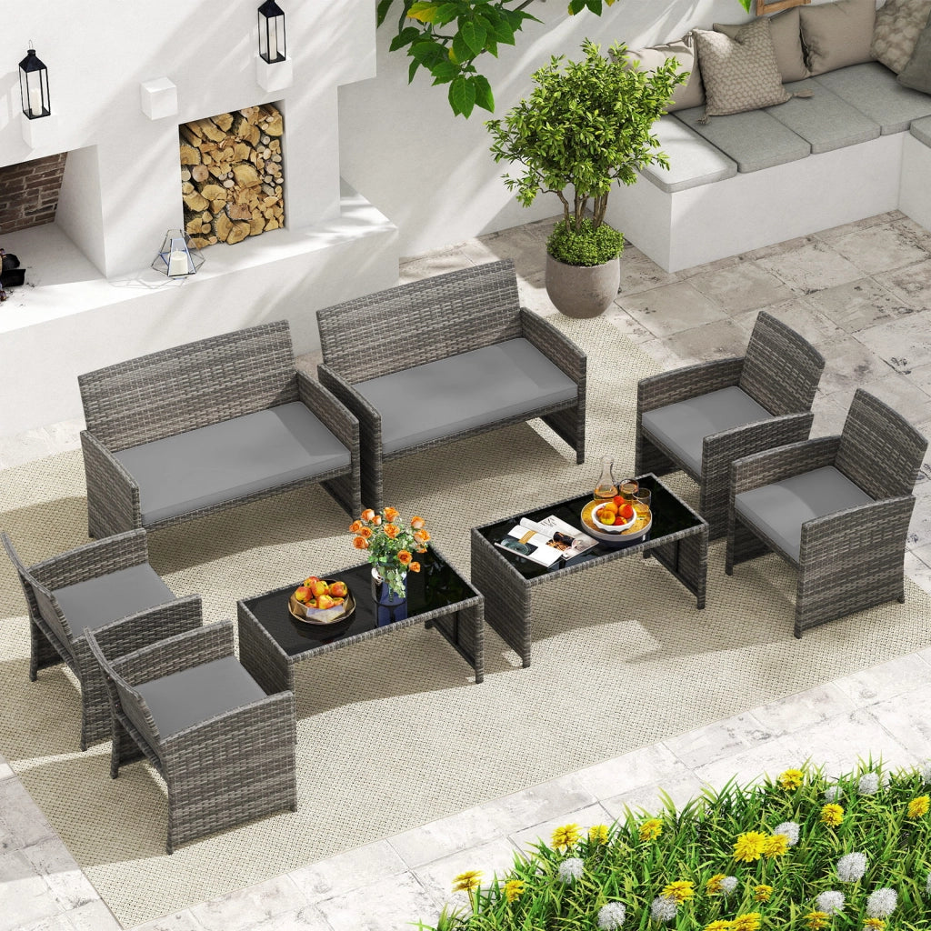 Set conversazione patio 4 pezzi in vimini con cuscini e vetro temperato, Mobili da esterno per giardino veranda balcone Grigio