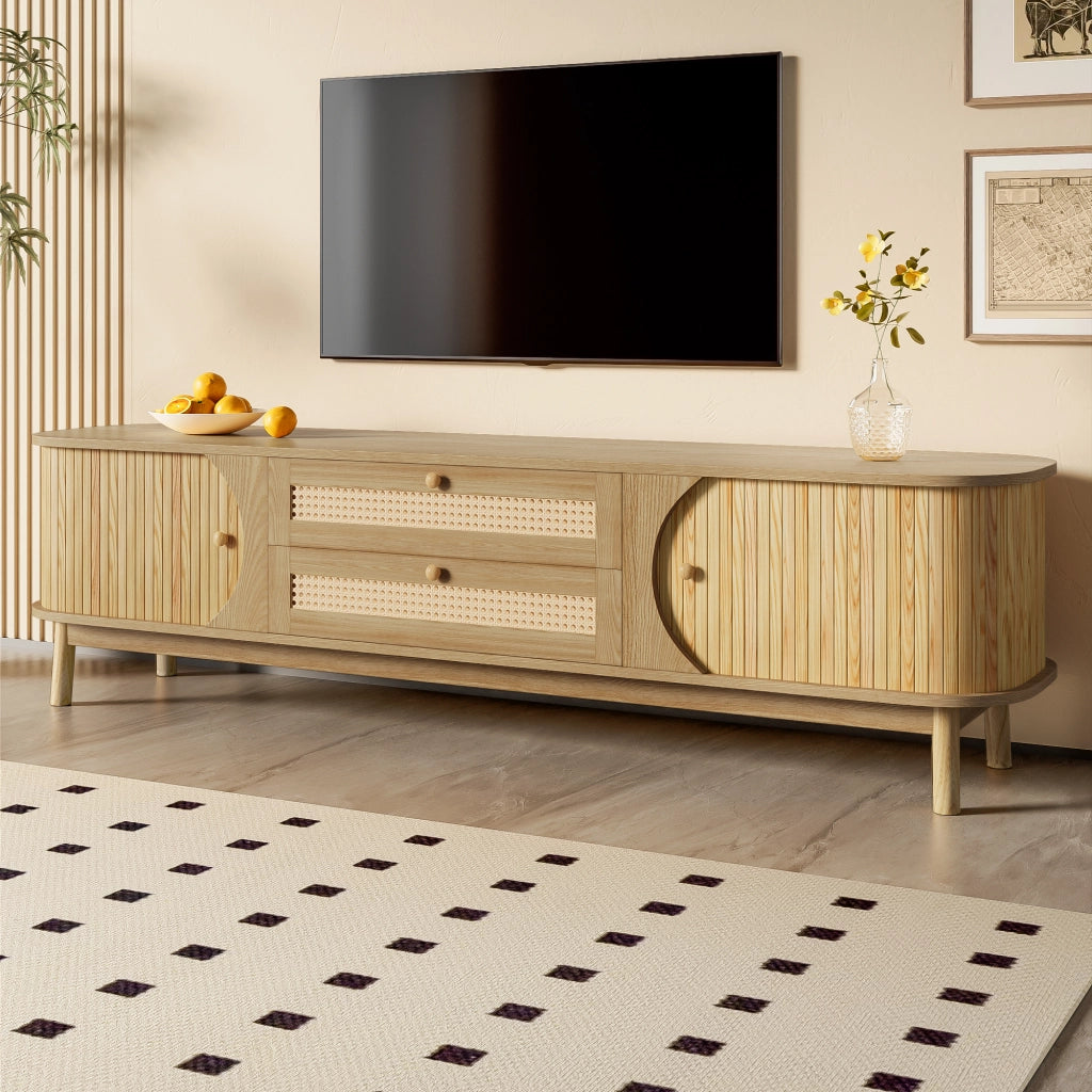 OKWISH Mobile TV con Ante e Cassetti, Frontali Effetto Rattan, Stile Naturale per Soggiorno, MDF e Legno Massello, 170×39,5×46 cm