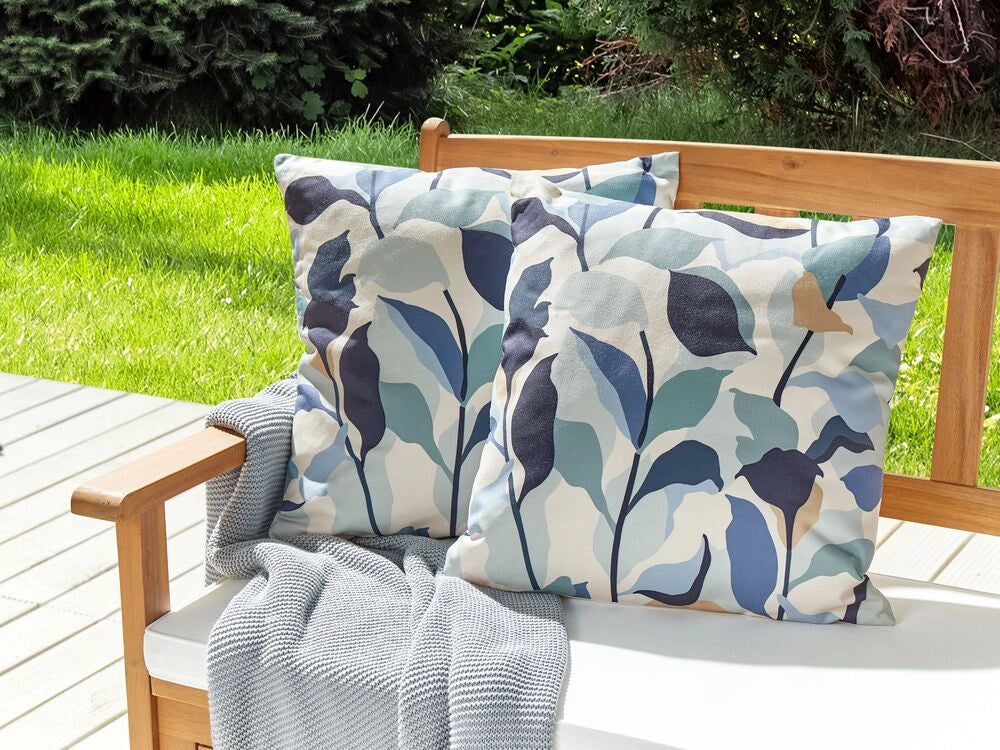 Set di 2 cuscini da giardino per esterni in poliestere con motivo a foglie blu 45 x 45 cm resistente all'acqua