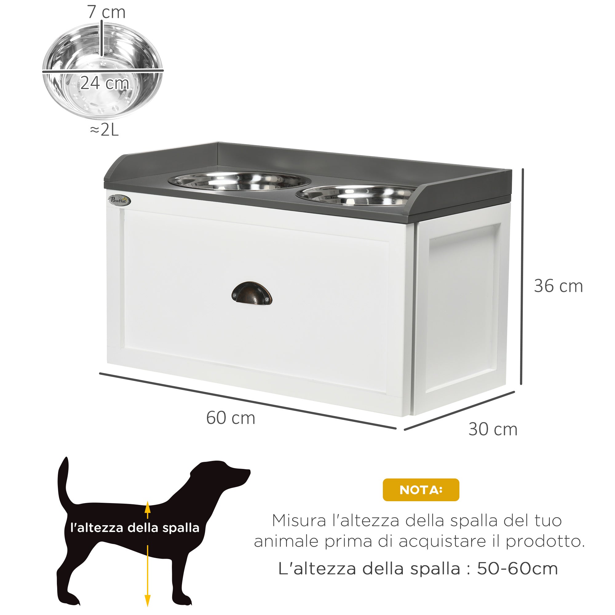 Ciotole per Cani Rialzate 60x30x36 cm con Cassetto in Acciaio Inox e Legno Bianco e Grigio