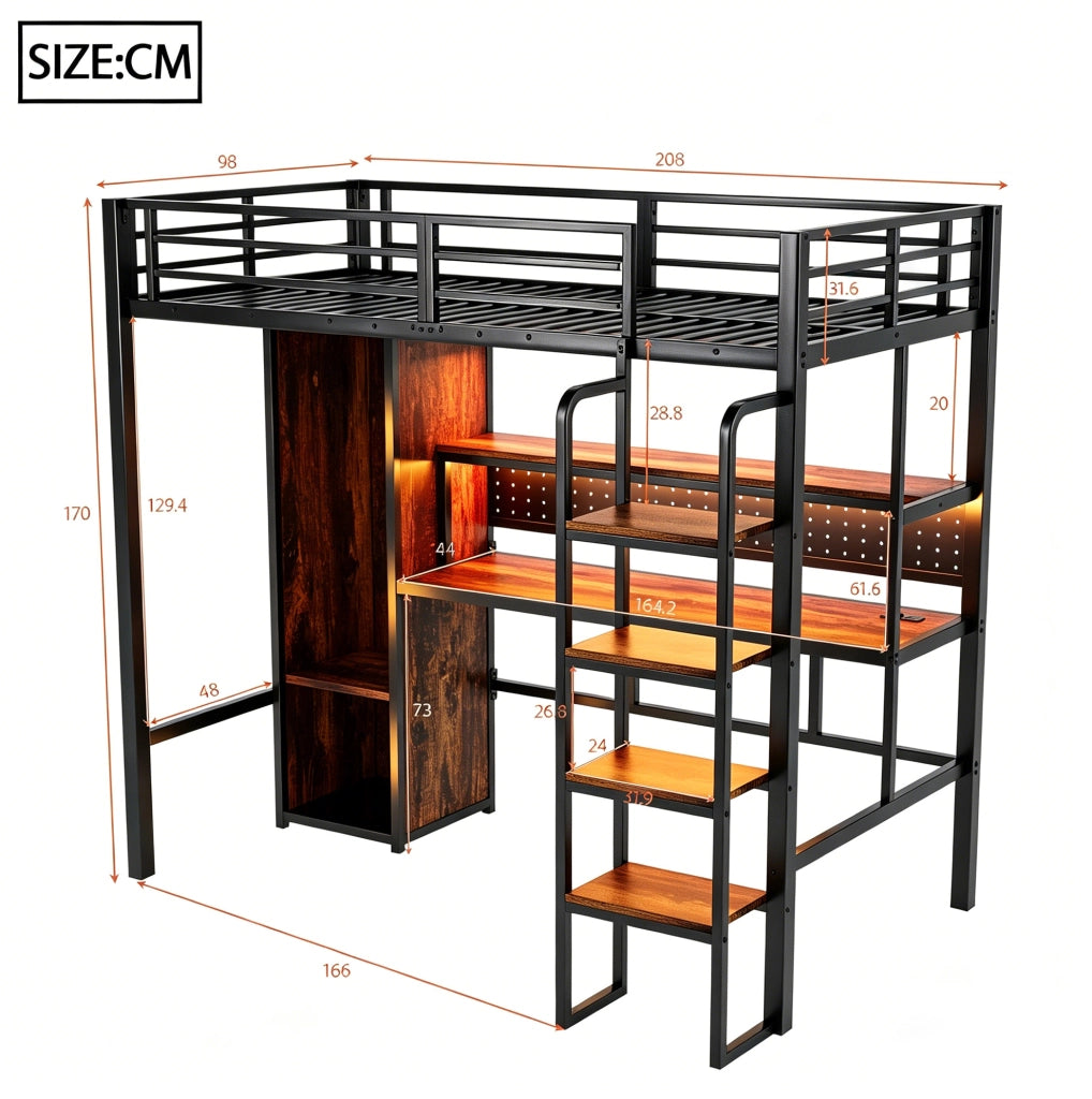 Letto a soppalco multifunzione 90x200 cm in metallo e MDF; nero; con scrivania; armadio e LED