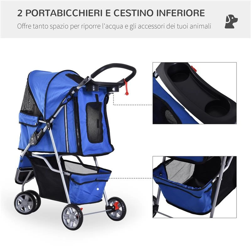 PASSEGGINO PER CANI, CARRELLO PER ANIMALI DOMESTICI, BLU, 75 X 45 X 97CM