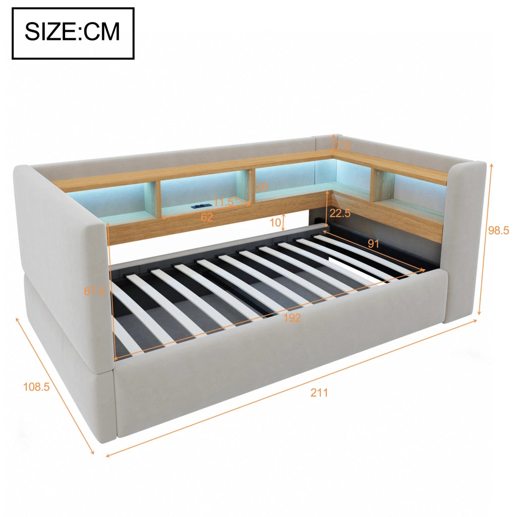 Divano letto imbottito 90x190 cm con contenitore idraulico; LED e prese; grigio chiaro