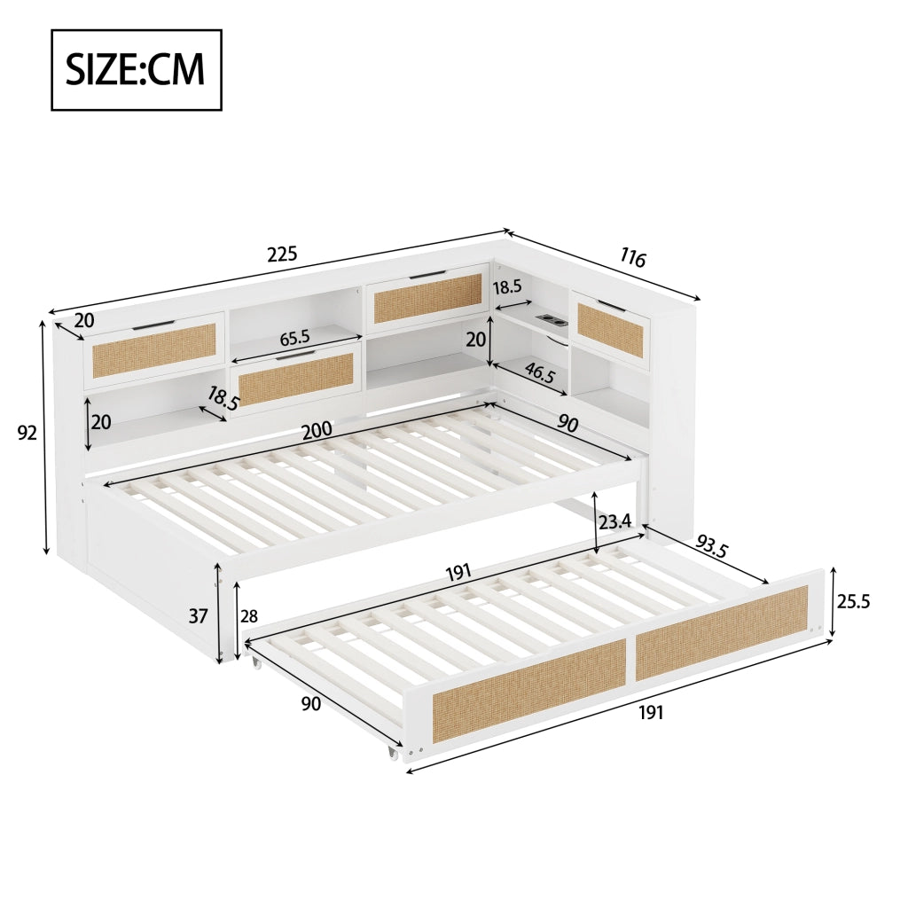 OKWISH Letto Divano 90×200 cm, Letto Singolo con Letto Estraibile 90×190 cm, USB, Prese e Contenitori, senza Materasso, in Legno, Bianco