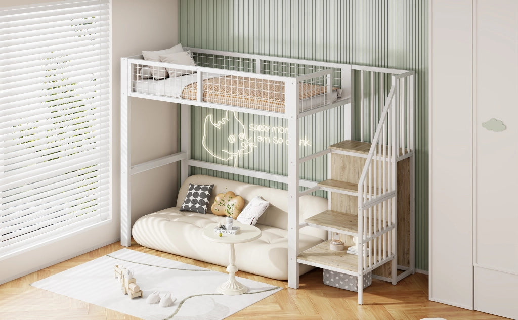 DESMIU Letto a Soppalco Letto Singolo 1 Posto con Scala, Armadio e Ripiani 90 × 200 cm, Senza Materasso, Bianco