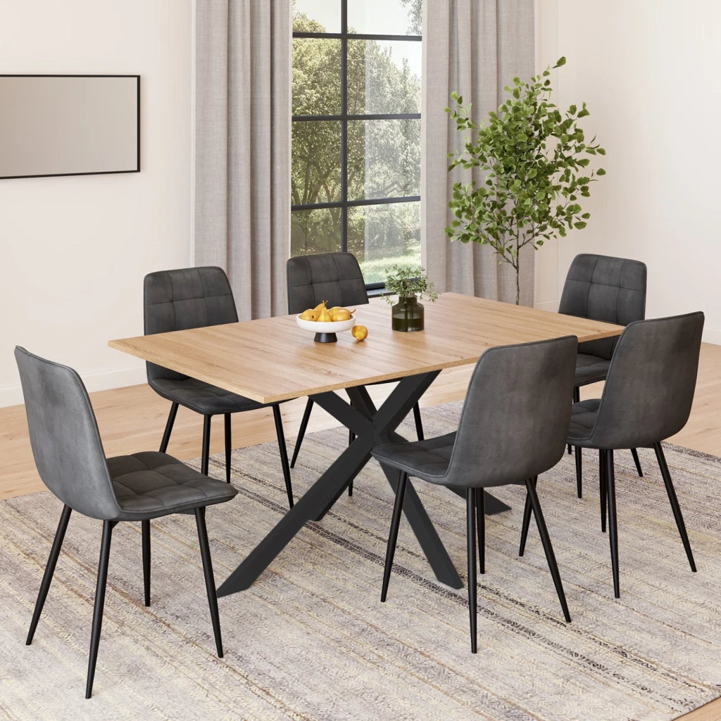 IDMarket - Tavolo da pranzo rettangolare ALIX 160 cm in legno e nero con 6 sedie MILA in velluto grigio scuro