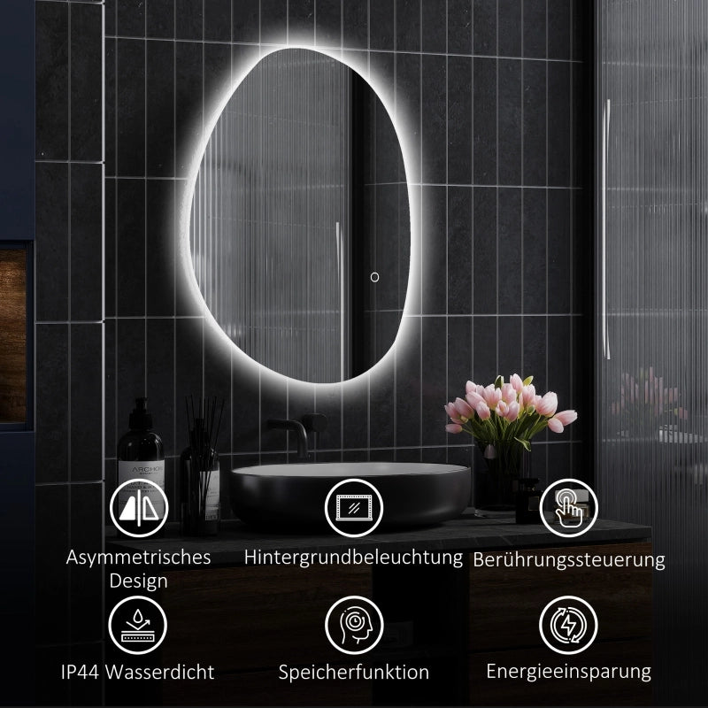 Specchio da bagno asimmetrico 70 x 50 cm con luce LED, interruttore touch intelligente, funzione antiappannamento, argento.
