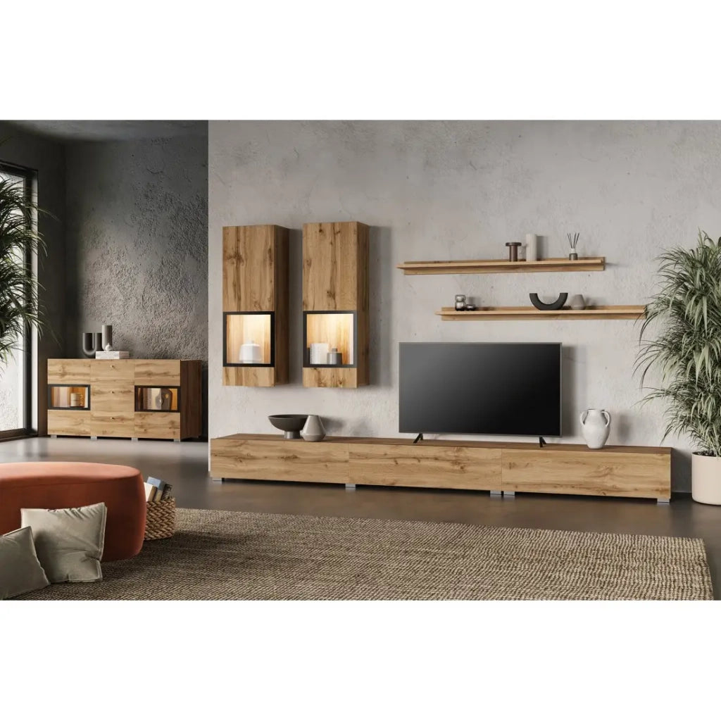 Buffet RAMOS 130 cm – Rovere dorato e nero – 2 porte in vetro e 3 cassetti – Senza LED