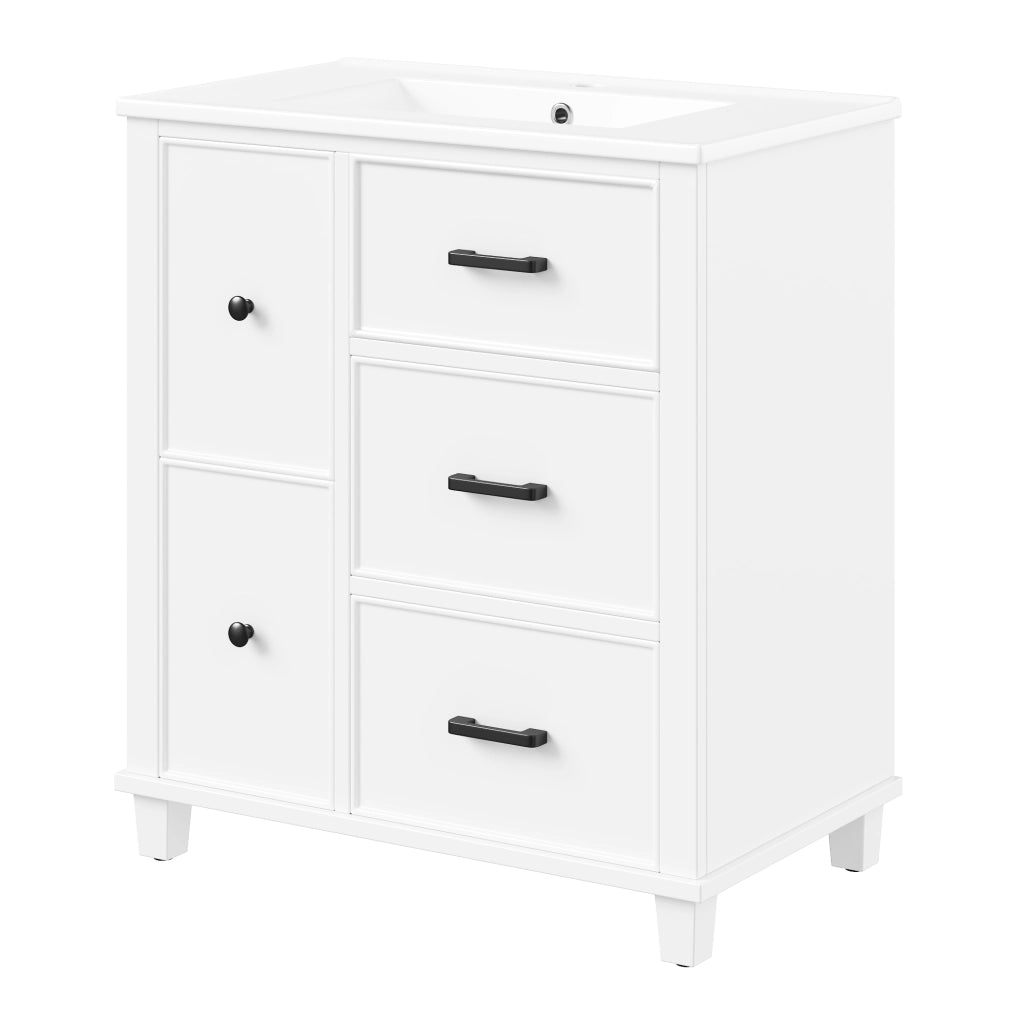 Mobile lavabo freestanding in MDF e ceramica, bianco, 76,5 x 47 x 83,5 cm, con 4 cassetti e cassetto ribaltabile