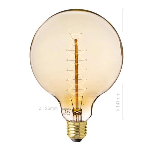LAMPADINA CARBON E27, GLOBO G125, VETRO AMBRATO, 25W, <60 LM, COLORE CALDO 2000K, FILAMENTO VITE, CLASSE E, DIMMERABILE
