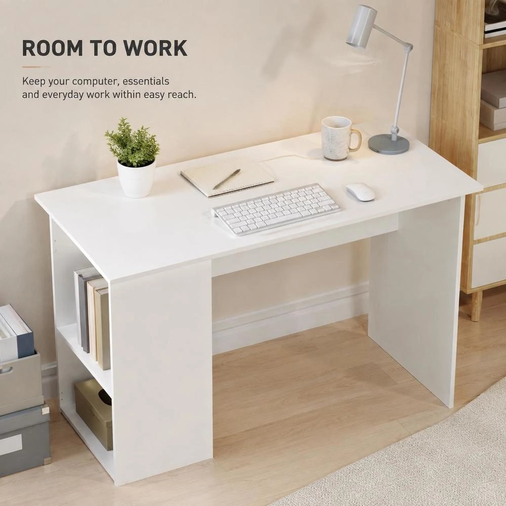 Modern White Computer Desk With Double Storage Shelves, Engineered Wood Writing Table For Home Office Study, 100x55x75 Cm
