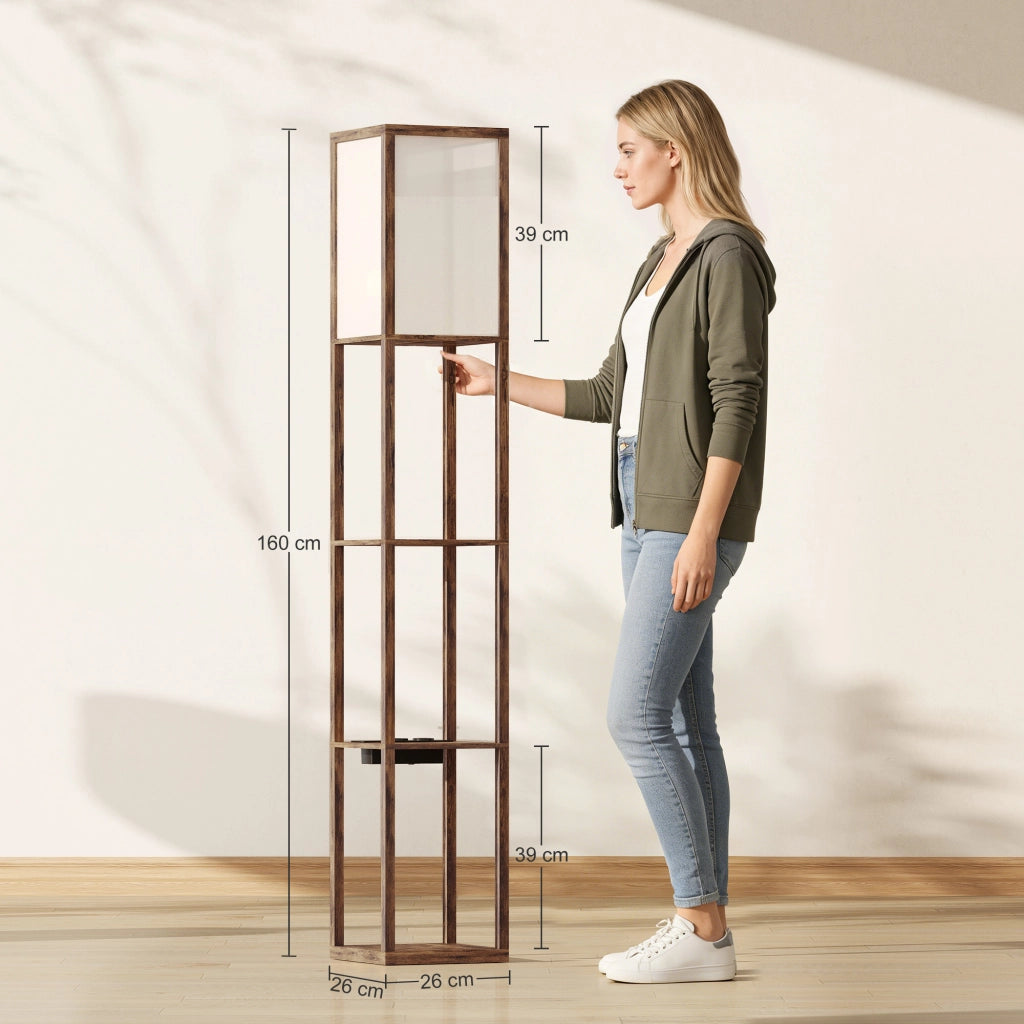 Lampada da Terra con Ripiani, Luce Regolabile, Interruttore a Pedale e Porte USB, Marrone
