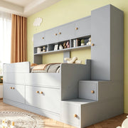 Letto a soppalco ULEVR 90x200 cm con armadi, scala contenitore, ripiani, LED e sponde di sicurezza, grigio