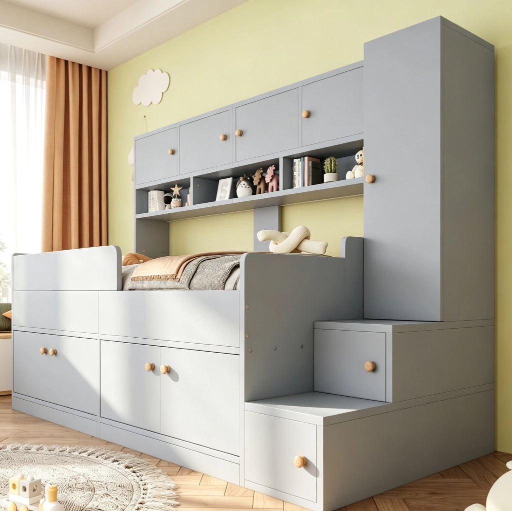 Letto a soppalco ULEVR 90x200 cm con armadi, scala contenitore, ripiani, LED e sponde di sicurezza, grigio