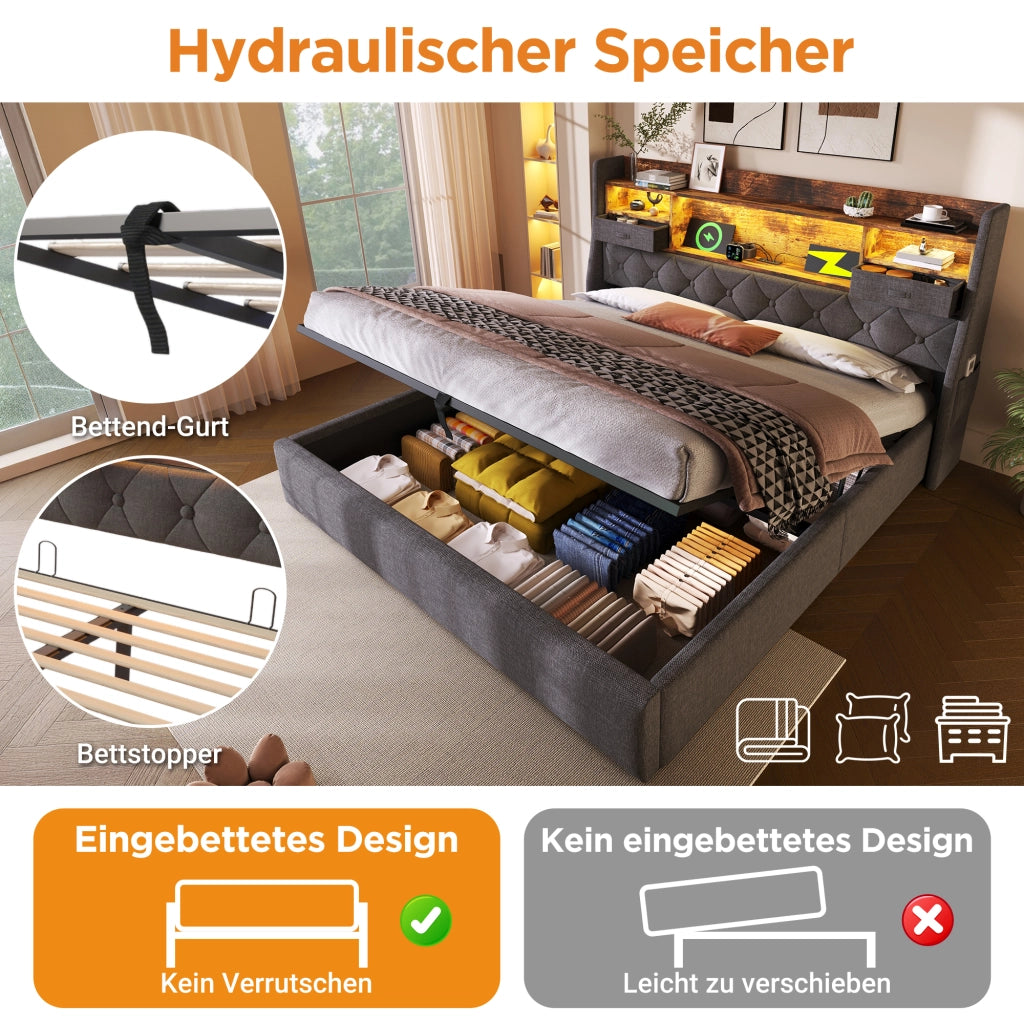 Letto in lino grigio 140x190 vano idraulico testiera LED 4 porte di ricarica doghe