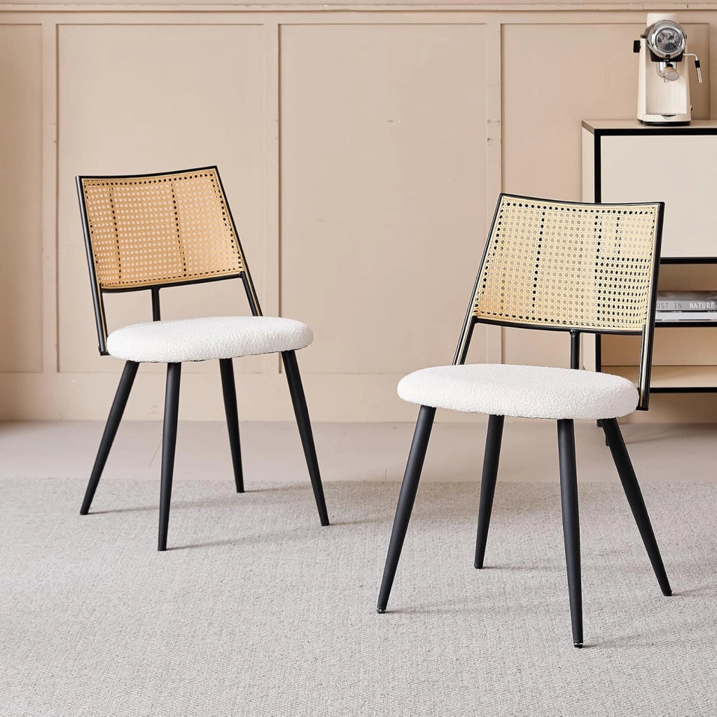 GrandCA HOME Set di 4 Sedie con Seduta Imbottita in Rattan,Struttura in Metallo Nero e Schienale in Rattan Naturale. Adatto a Cucina,Soggiorno, Sala da Pranzo e camera da letto #02