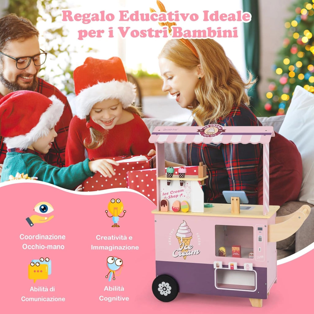Gelateria Giocattolo per Bambini con Gelatiera, Carrelo dei Gelati in Legno con Ruote e Maniglia, Negozio di Gelati Giocattolo con Cassa e 15 Accessori, per Bambini di 3 + Anni (Rosa)
