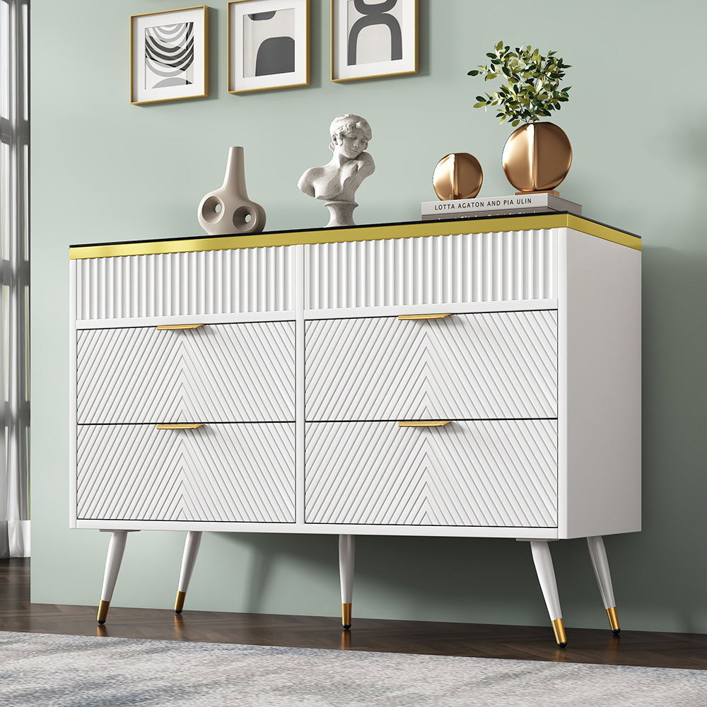 Buffet con maniglie in metallo - Xylo - 6 cassetti e 2 scompartimenti, facciate in vetro ambra, design a strisce irregolari, bianco