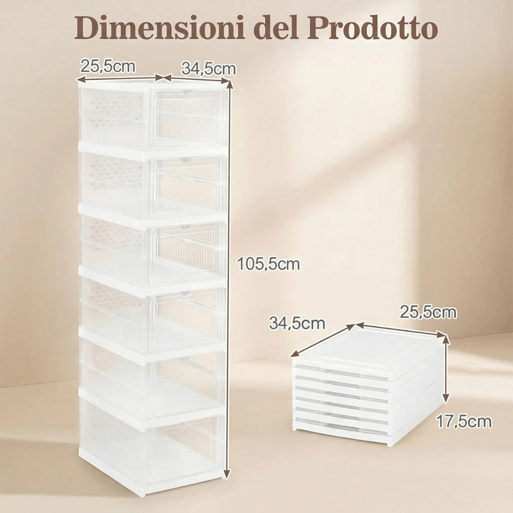 Scatole per Scarpe, Set di 2 Organizzatore per Scarpe a 6 Livelli, Scatole Pieghevoli in Plastica con Porta Frontale a Ribalta, Scarpiera Salvaspazio per Ingresso e Soggiorno