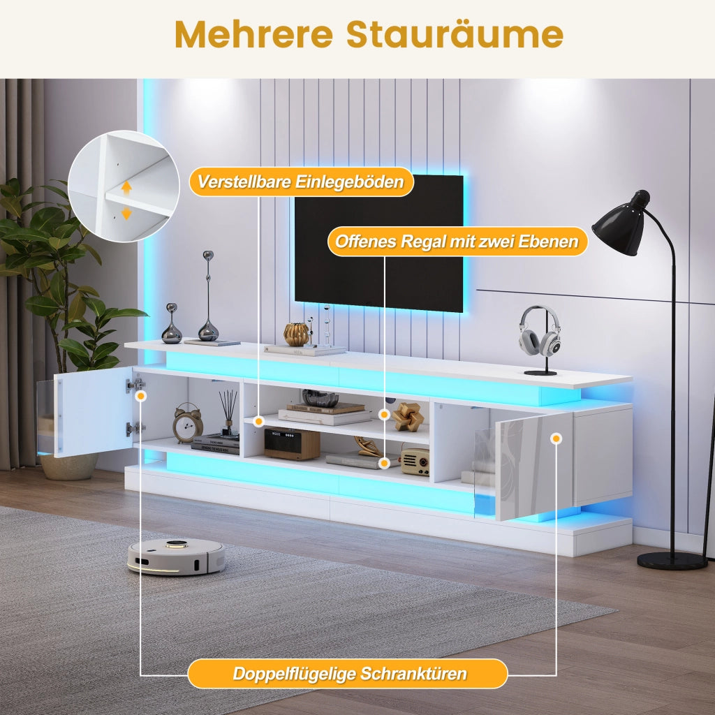 Mobile TV 180 × 35 × 60 cm 2 ante push to open con LED RGB Bluetooth e ripiani regolabili bianco lucido