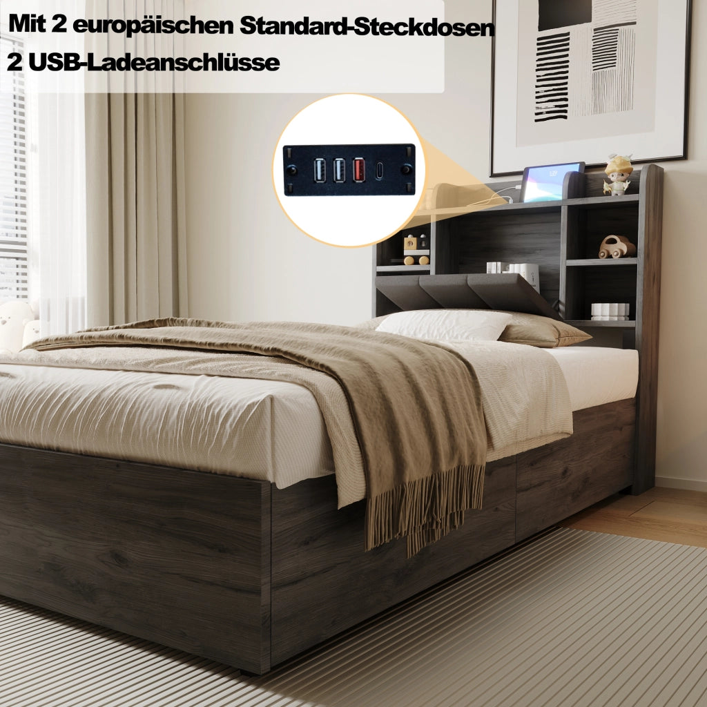OKWISH Letto contenitore 90×200 cm, Letto Singolo con Contenitore idraulico, USB, Tipo C e Vani, senza Materasso, MDF, Grigio