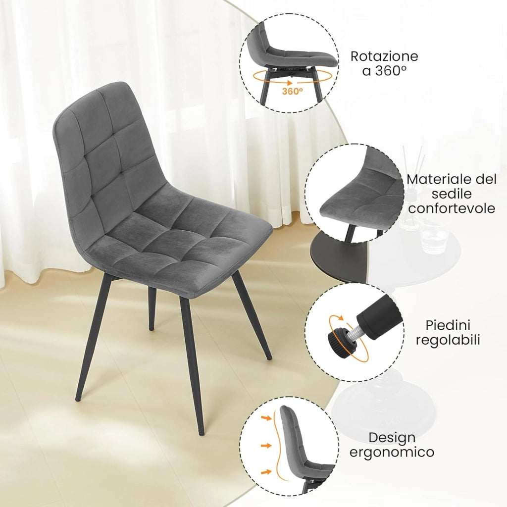 4 x Sedie da Pranzo Girevoli, Sedie Cucina in Velluto con Schienale e Gambe in Metallo, Stile Moderno, per Cucina, Camera da Letto e Soggiorno, Grigio Scuro