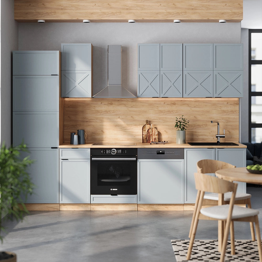 Cucina componibile Fame-Line Blu-grigio chiaro/Rovere dorato 300 cm senza piano di lavoro Vicco