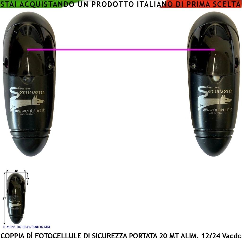 Fotocellule TX e RX Sicurezza e Controllo Cancello Elettrico Automatico Portata 20 Metri Lineari Montaggio a Parete Oppure su Palina Alimentazione 12/24 Vac