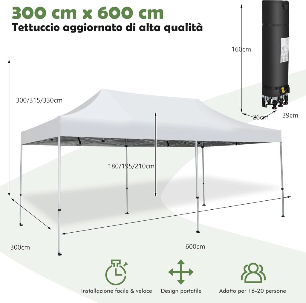 Gazebo Commerciale Regolabile e Pieghevole 6x 3M, con Ruote e Borsa Portatile, Patio Impermeabile per Matrimoni, Feste e Campeggi, Bianco