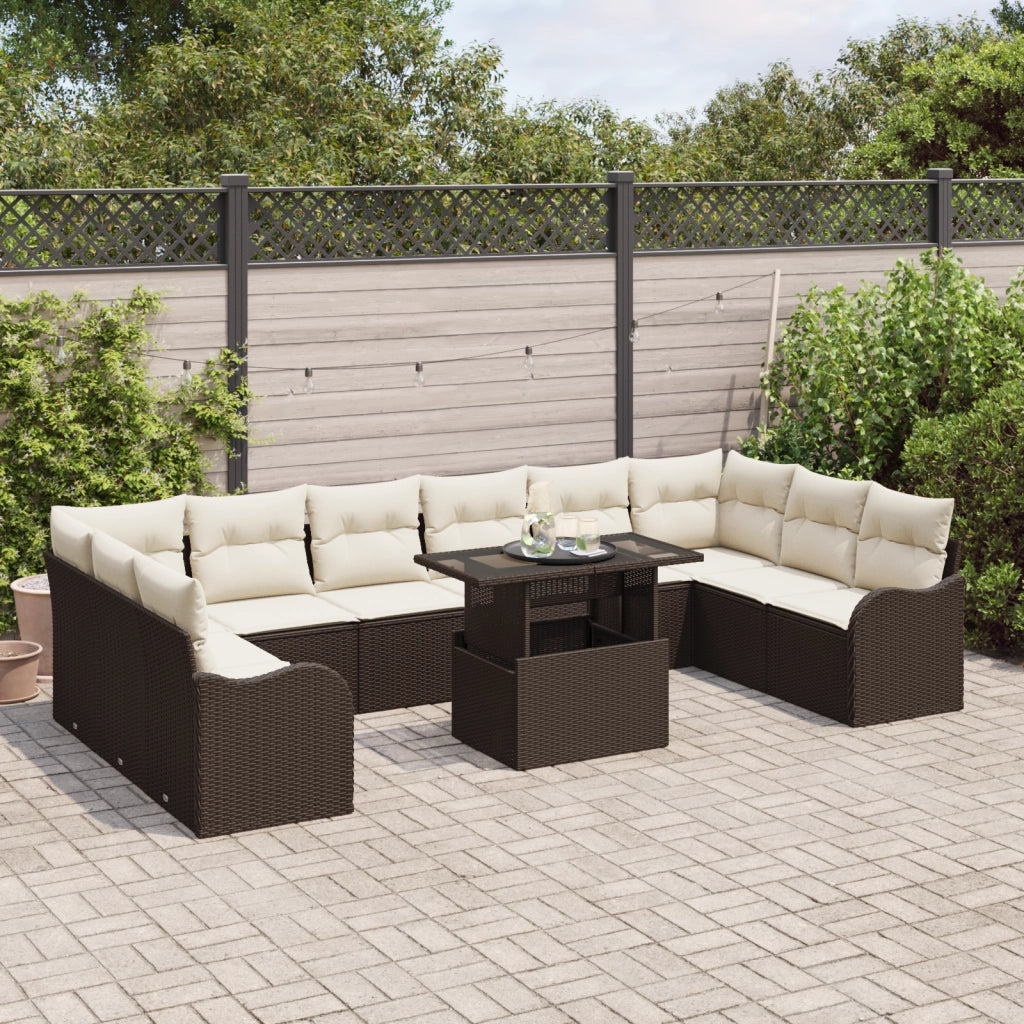 Set di Divani da Giardino da 11 Pezzi con Cuscini Marrone Polyrattan