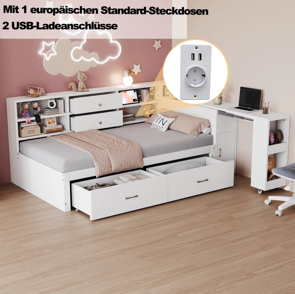 Letto multifunzione singolo 90x200 cm con scrivania estraibile; USB; presa e cassetti; bianco