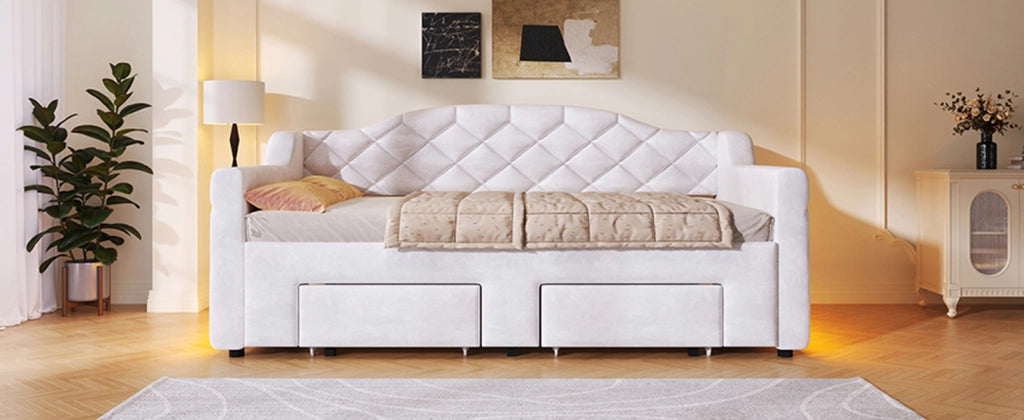 Daybed imbottito con 2 cassetti e LED, 90x200/180x200 cm, bianco