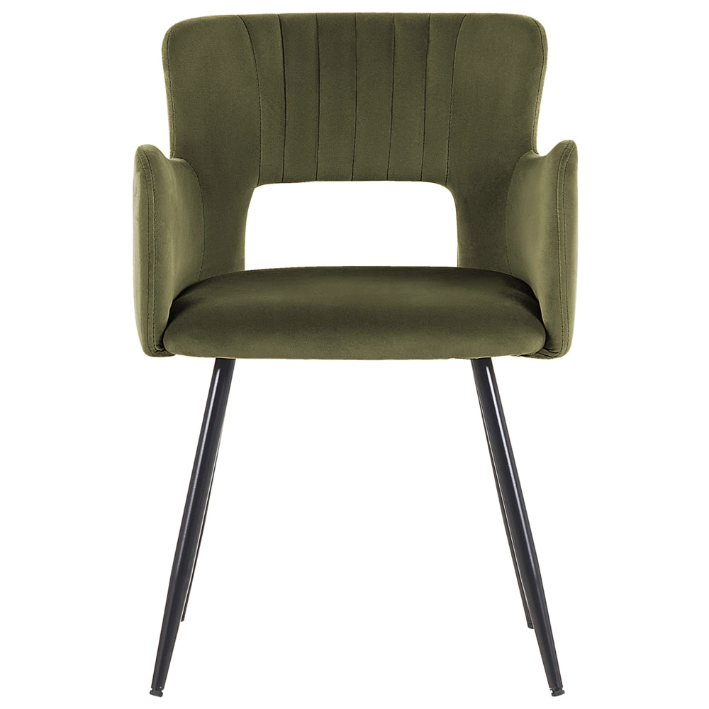 Set di 2 sedie da pranzo velluto verde oliva braccioli schienale intagliato gambe in metallo moderna industriale