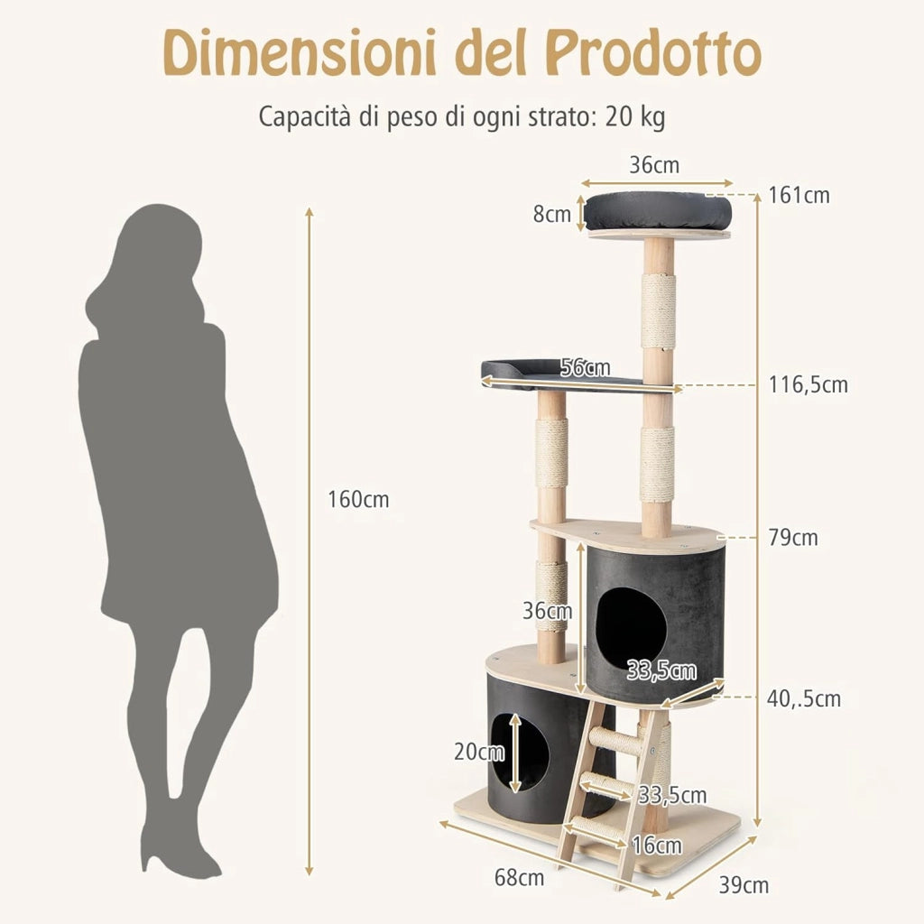 Albero Tiragraffi per Gatti, Tiragraffi per Gatti Multilivello con 2 Cucce Accoglienti, Trespolo in Tessuto Felpato, Piattaforma, Pali Tiragraffi e Scala con Rivestimento in Sisal
