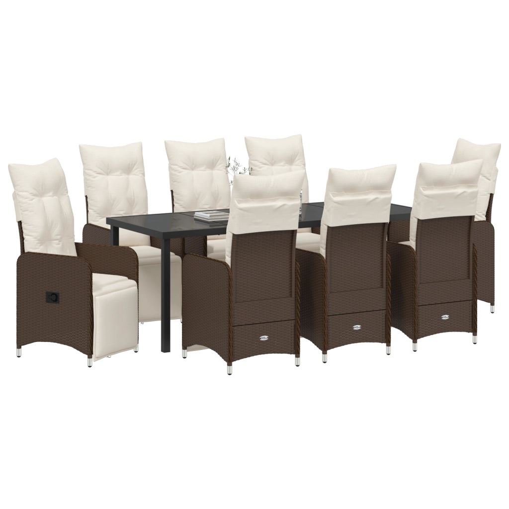 Set da Pranzo da Giardino 9 Pezzi con Cuscini Marroni Polyrattan
