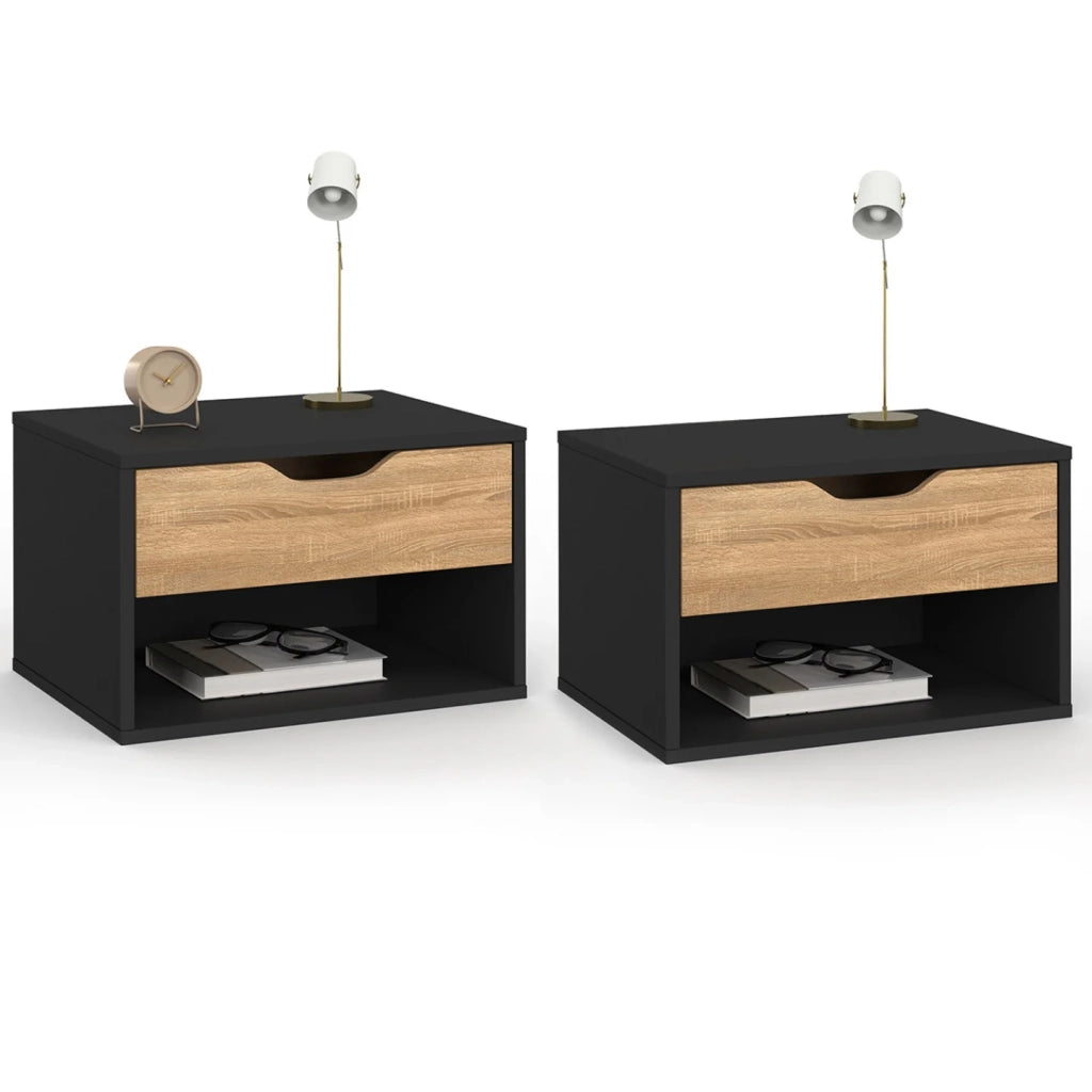 IDMarket - Set di 2 comodini a parete a 1 cassetto CATHY con nicchia effetto faggio nero