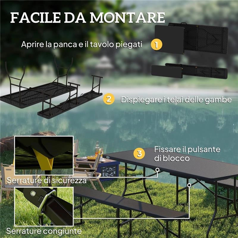 SET DA PIC NIC PIEGHEVOLE A 3 PEZZI CON TAVOLO E 2 PANCHE IN HDPE E METALLO, NERO