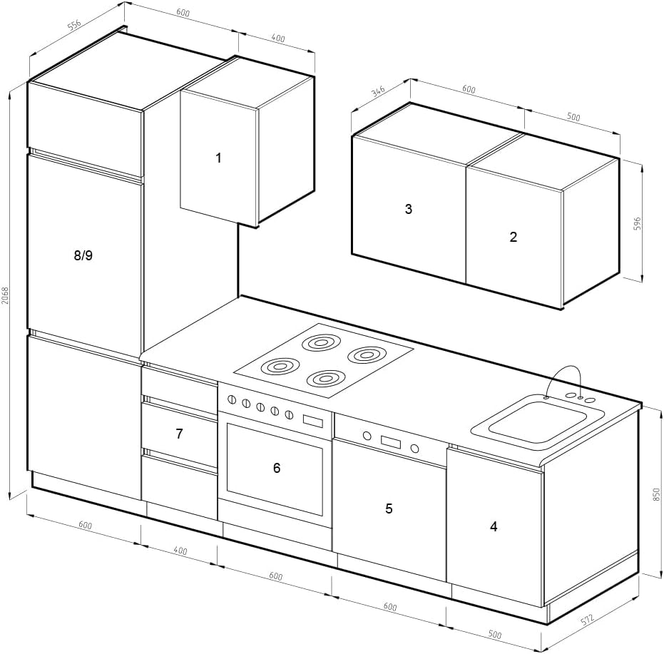 Cucina componibile Optima, Antracite lucido/bianco, 270 cm senza piano di lavoro, senza maniglie, per l'espansione personalizzata e la disposizione flessibile dei moduli