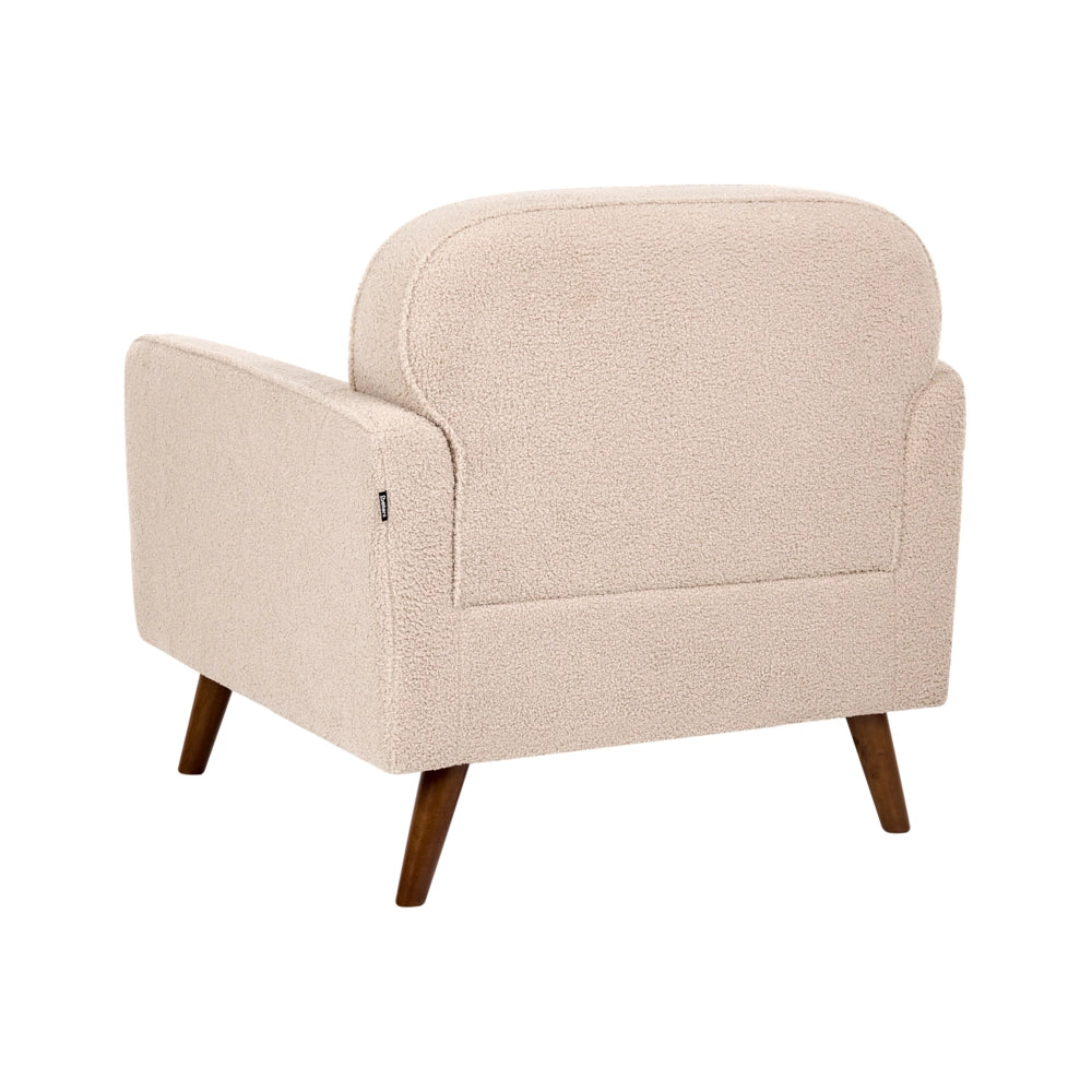 Poltrona beige in bouclé, trapuntatura a bottoni, gambe in rovere, poltrona decorativa, stile tradizionale, soggiorno