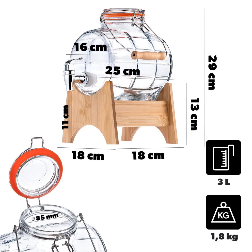 Barile KADAX con rubinetto da 3 litri in vetro per moonshine, whisky, vodka, succhi di frutta, ideale anche per matrimoni.