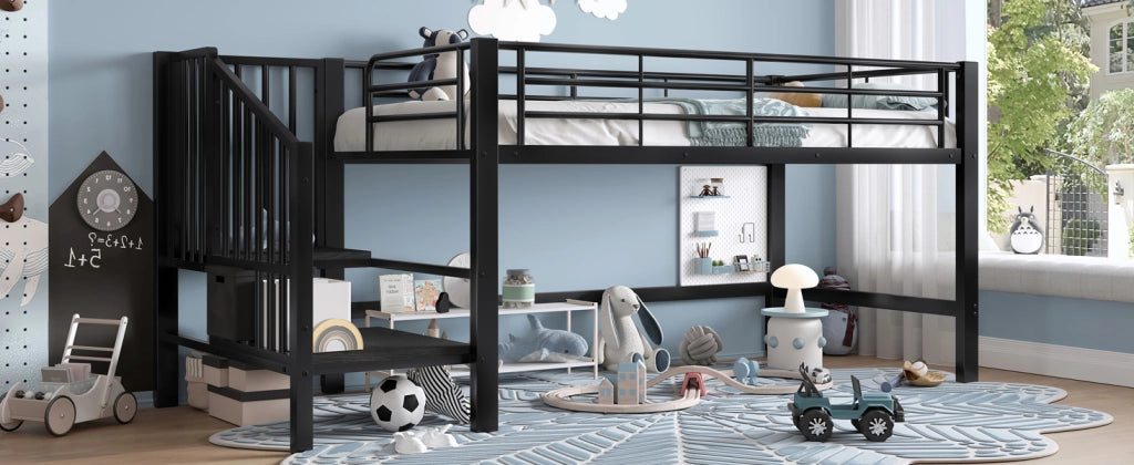Letto alto semialto nero con scala contenitore in MDF e metallo 90x200 cm