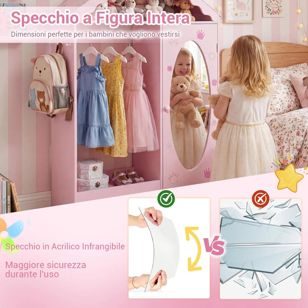 Armadio con Specchio per Bambini, Guardaroba Coperto con Appendiabiti Aperto, Scaffali e Ganci, Armadio e Organizzatore di Costumi per Camera da Letto e Stanza dei Giochi (Rosa)