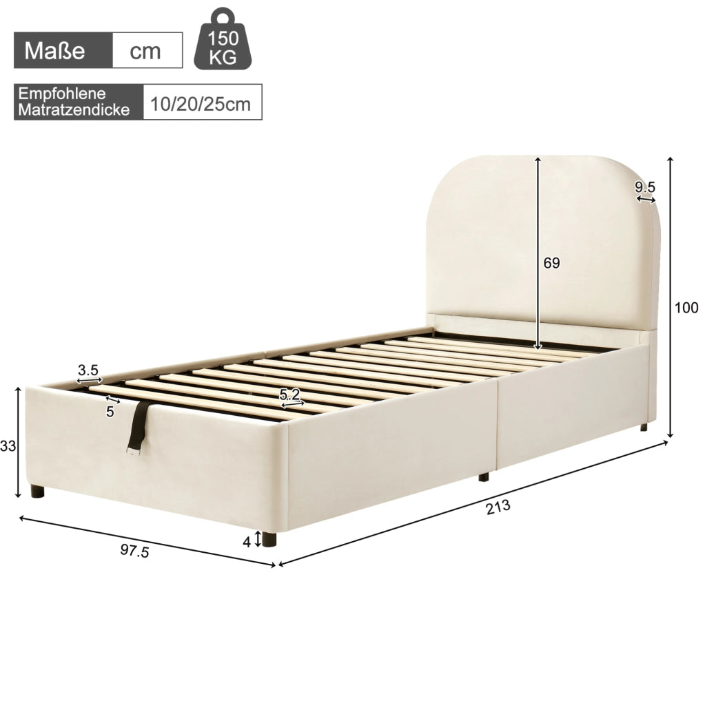 Letto singolo imbottito in velluto beige con contenitore idraulico e testiera