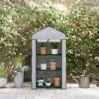 Mini Serra da Giardino con Copertura in PE, 3 Ripiani e Porta Avvolgibile, 59x39x127cm, Bianco