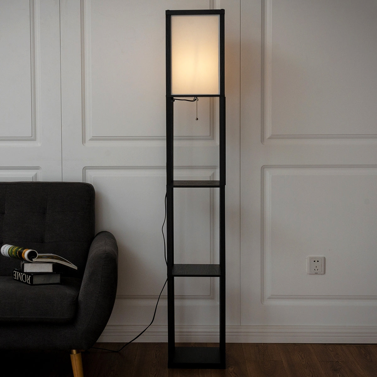 Scaffale legno con lampada per salone camera da letto studio-Lampada da terra con paralume e 3 mensole Nero