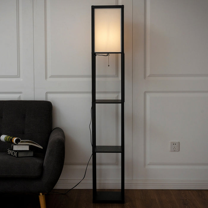 Scaffale legno con lampada per salone camera da letto studio-Lampada da terra con paralume e 3 mensole Nero