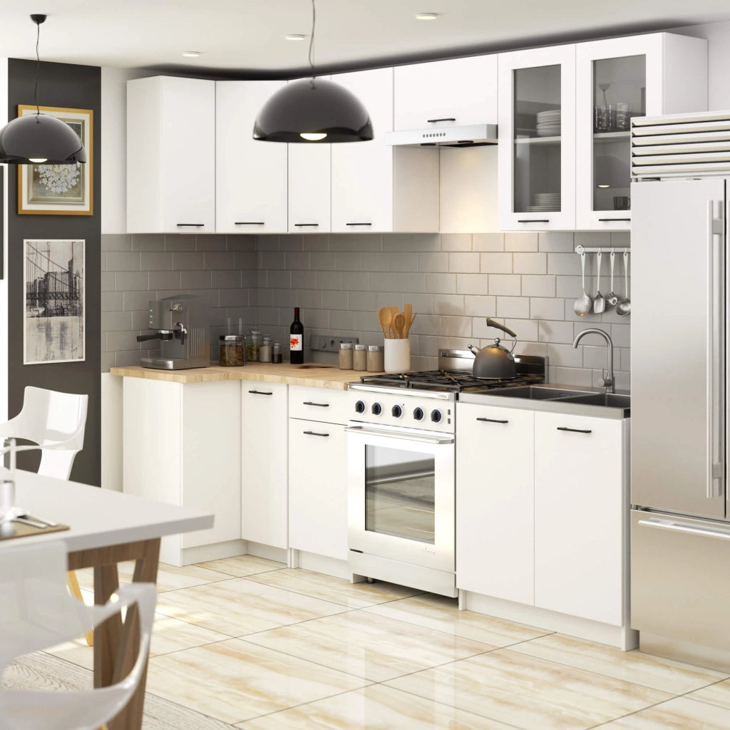 Set da cucina con vetrina AKORD OLIWIA 3,0 m H720 Bianco 300 cm 11 ante 1 cassetto frontale Bianco 300×46×203 cm