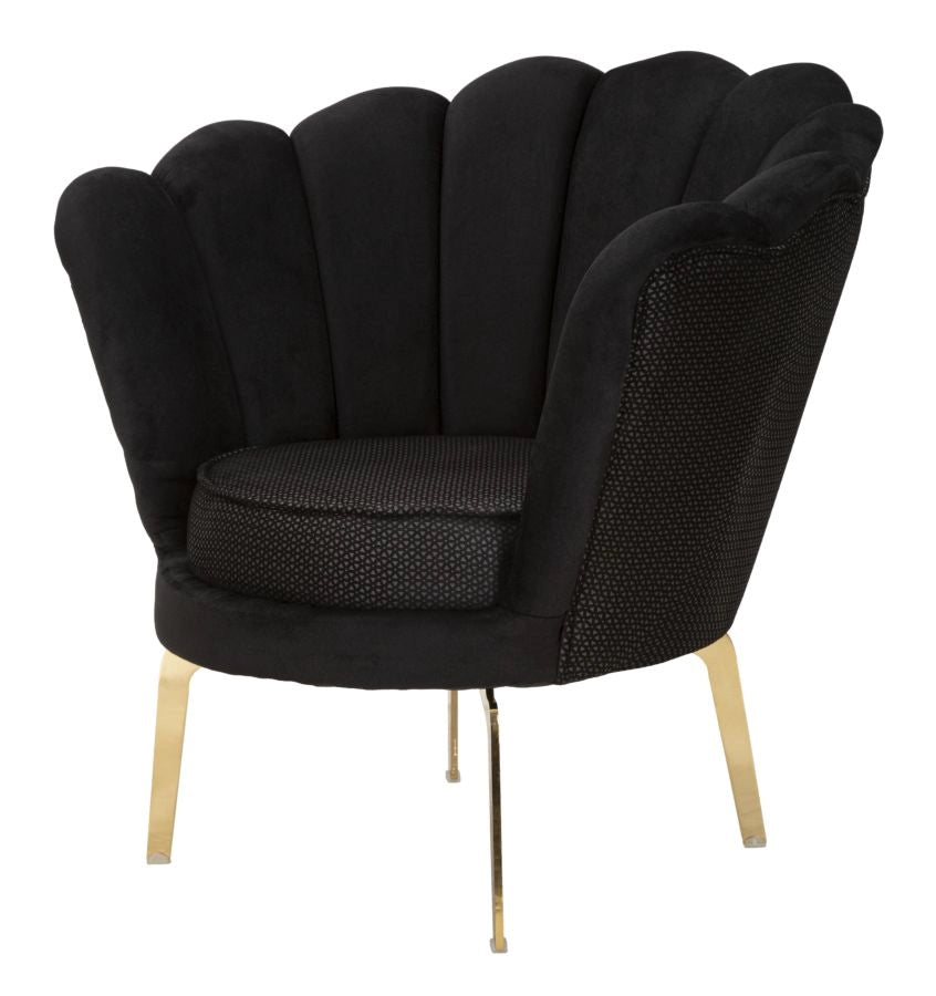 Poltrona elegante, tessuto imbottito nero, gambe metallo dorate 83x76x78cm Vienna Plus