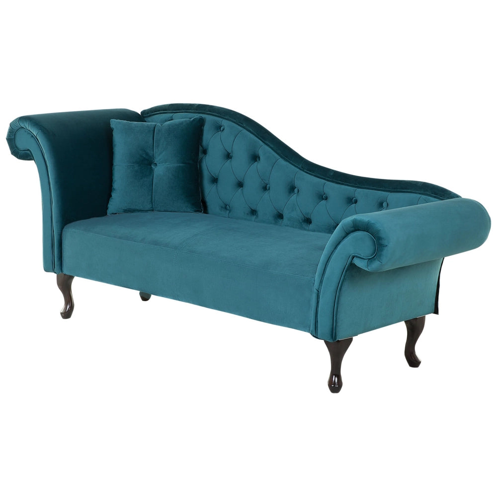Chaise longue velluto verde acqua bottone trapuntato tappezzeria braccio arrotolato versione sinistra con cuscino