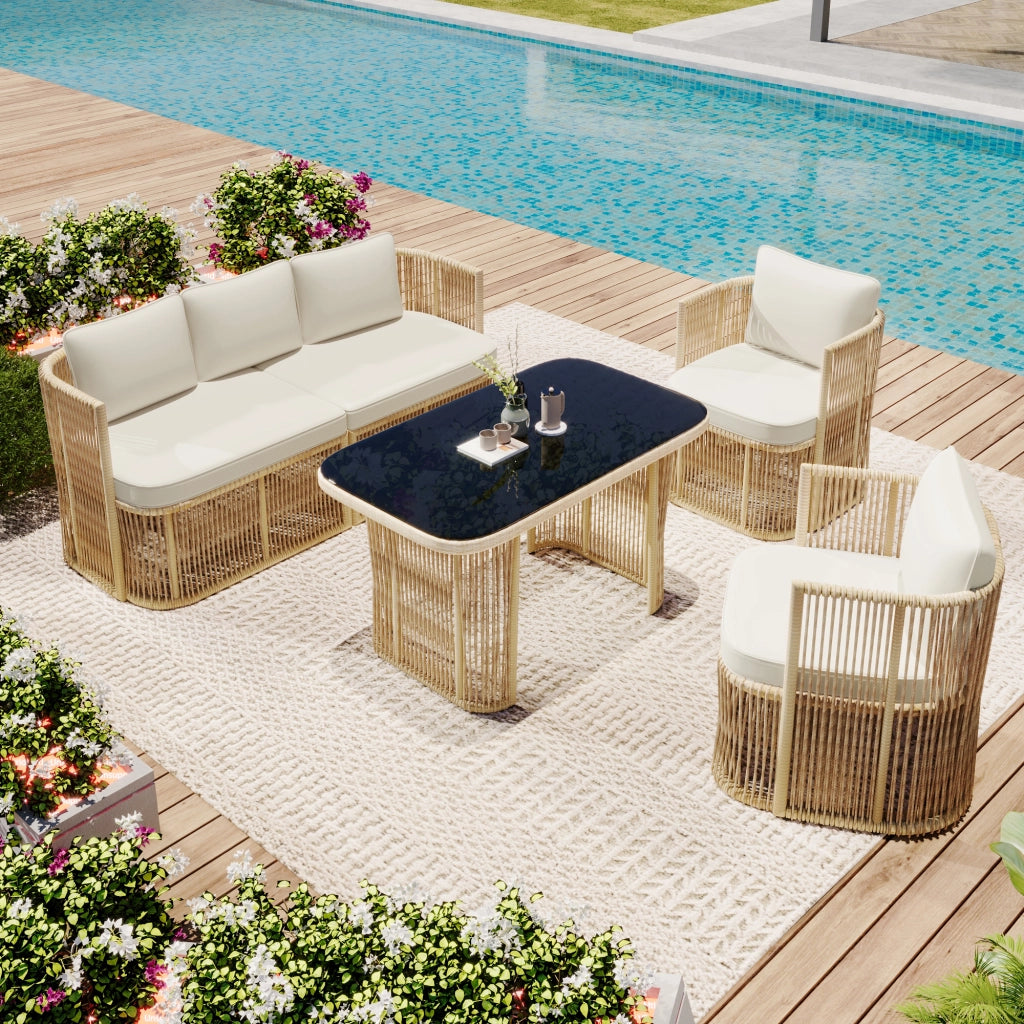 Set di mobili da giardino in rattan in PE a 5 pezzi con divano a 3 posti 2 poltrone e tavolo di vetro ¨C Set soggiorno esterno con cuscini in poliestere struttura in acciaio e piano in vetro temperato per patio e balcone